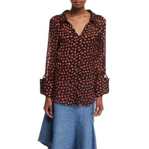 Alice + Olivia Silk Emmerson Burnout Velvet Heart Shirt Sheer Button Down Blouse - Picture 15 of 16